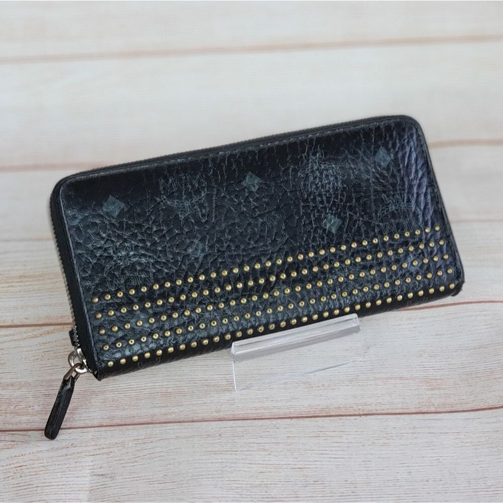 MCM Leather Studded Zip Around Long Wallet Black Luxury Logo